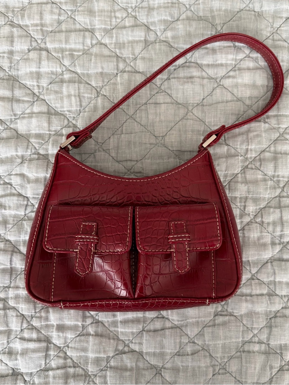 Red Croc-Embossed Mini Shoulder Bag